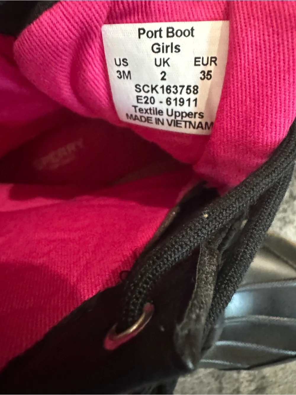 Sperry Black Kids Duck Boots with Pink Lining